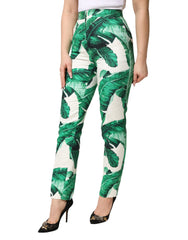 Dolce & Gabbana White Green Leaf High Waist Trousers Pants - IT36|XXS