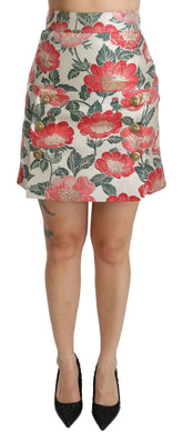 Dolce & Gabbana White Green Red Floral High Waist Mini Skirt - Skirts