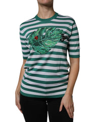 Dolce & Gabbana White Green Stripe Leaf Crew Neck T-shirt - IT36 | XS - T-Shirts