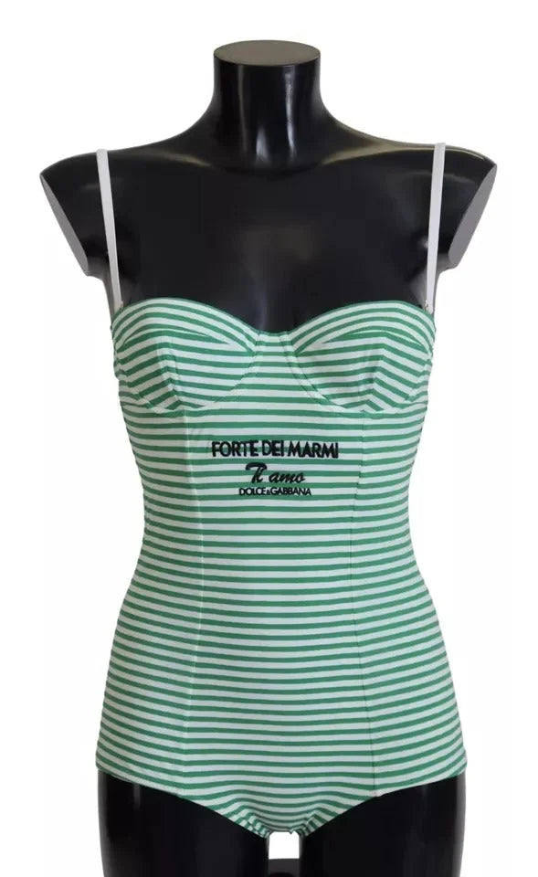 Dolce & Gabbana White Green Stripes One Piece Beachwear Swimwear - IT1 | XS - One-Piece Swimsuits