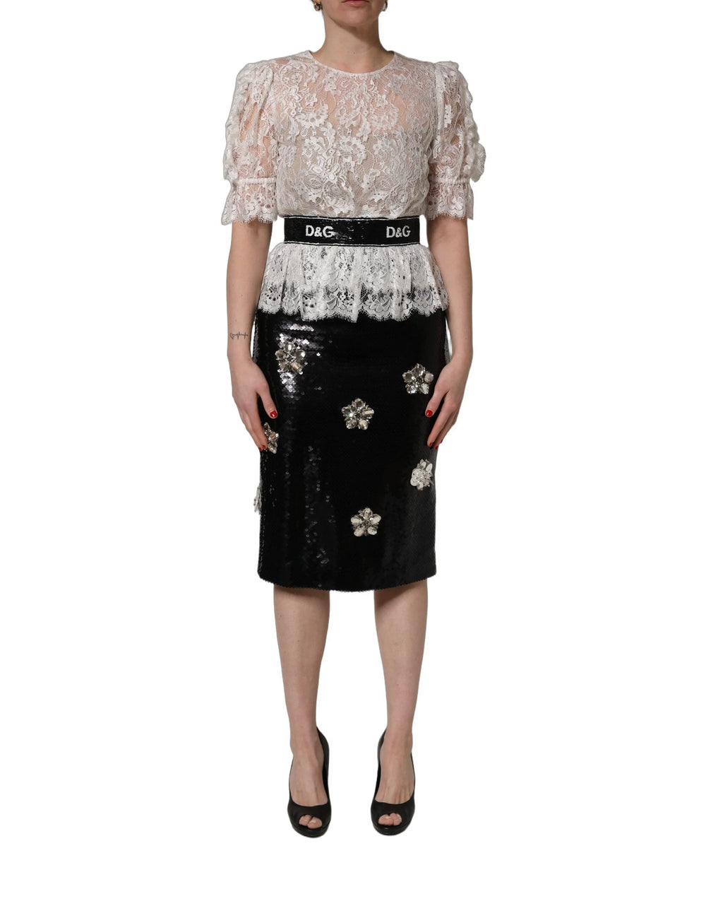 Dolce & Gabbana White Lace Top Embellished Black Skirt Dress - IT42|M