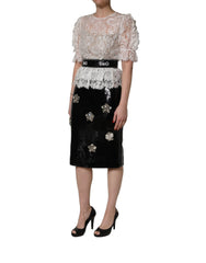 Dolce & Gabbana White Lace Top Embellished Black Skirt Dress - IT42|M