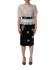 Dolce & Gabbana White Lace Top Embellished Black Skirt Dress - IT42|M