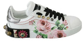 Dolce & Gabbana White Leather Crystal Roses Floral Sneakers Shoes - EU35/US4.5 - Sneakers