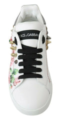 Dolce & Gabbana White Leather Crystal Roses Floral Sneakers Shoes - EU35/US4.5 - Sneakers