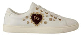 Dolce & Gabbana White Leather Gold Red Heart Sneakers Shoes - Sneakers