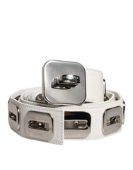 Dolce & Gabbana White Leather Gold Tone Rotating Buckle Belt - 90 cm / 36 Inches