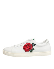 Dolce & Gabbana White Leather Rose Embroidery Low-Top Shoes - Sneakers