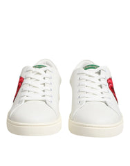 Dolce & Gabbana White Leather Rose Embroidery Low-Top Shoes - Sneakers
