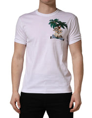 Dolce & Gabbana White Palm Embroidered Men Crew Neck T-shirt