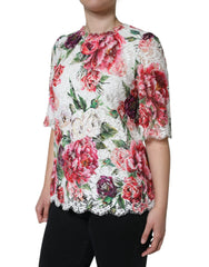 Dolce & Gabbana White Peony Lace Short Sleeves Blouse Top - Blouses