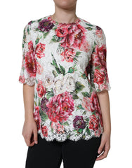 Dolce & Gabbana White Peony Lace Short Sleeves Blouse Top - Blouses