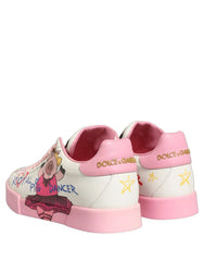 Top-down view of the white calf leather sneakers highlighting the pink pig motif and classic lace-up closure.