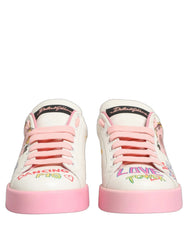 Dolce & Gabbana Portofino low top sneakers in white calf leather featuring pink Royal Pig graphics and logo details.