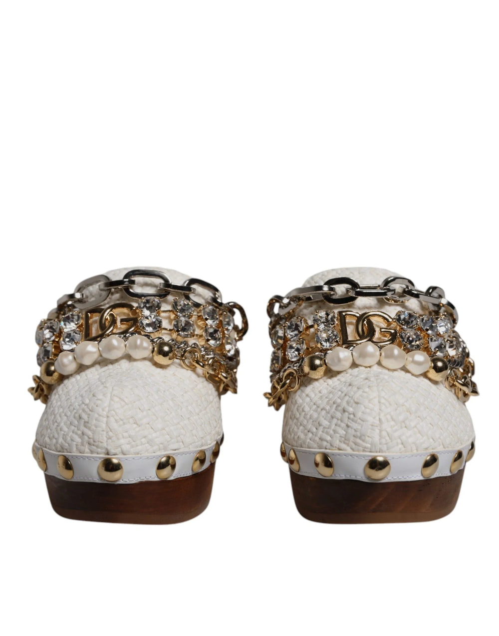 Dolce & Gabbana White Raffia Clogs Bejeweled Chain Sandals Shoes - EU35.5/US5