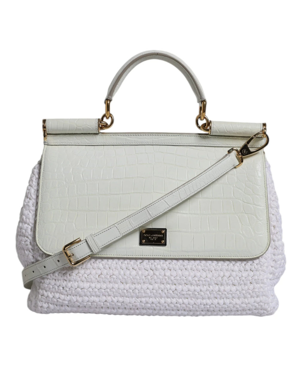 Dolce & Gabbana White Rafia Leather Top Handle Crossbody Bag - Cross Body Bags