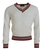 Dolce & Gabbana White Red Knitted V-neck Pullover Sweater - IT46 | S - Sweaters