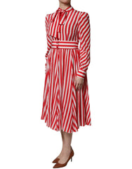 Dolce & Gabbana White Red Stripes Long Sleeves Midi Dress - Dresses