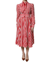Dolce & Gabbana White Red Stripes Long Sleeves Midi Dress - Dresses