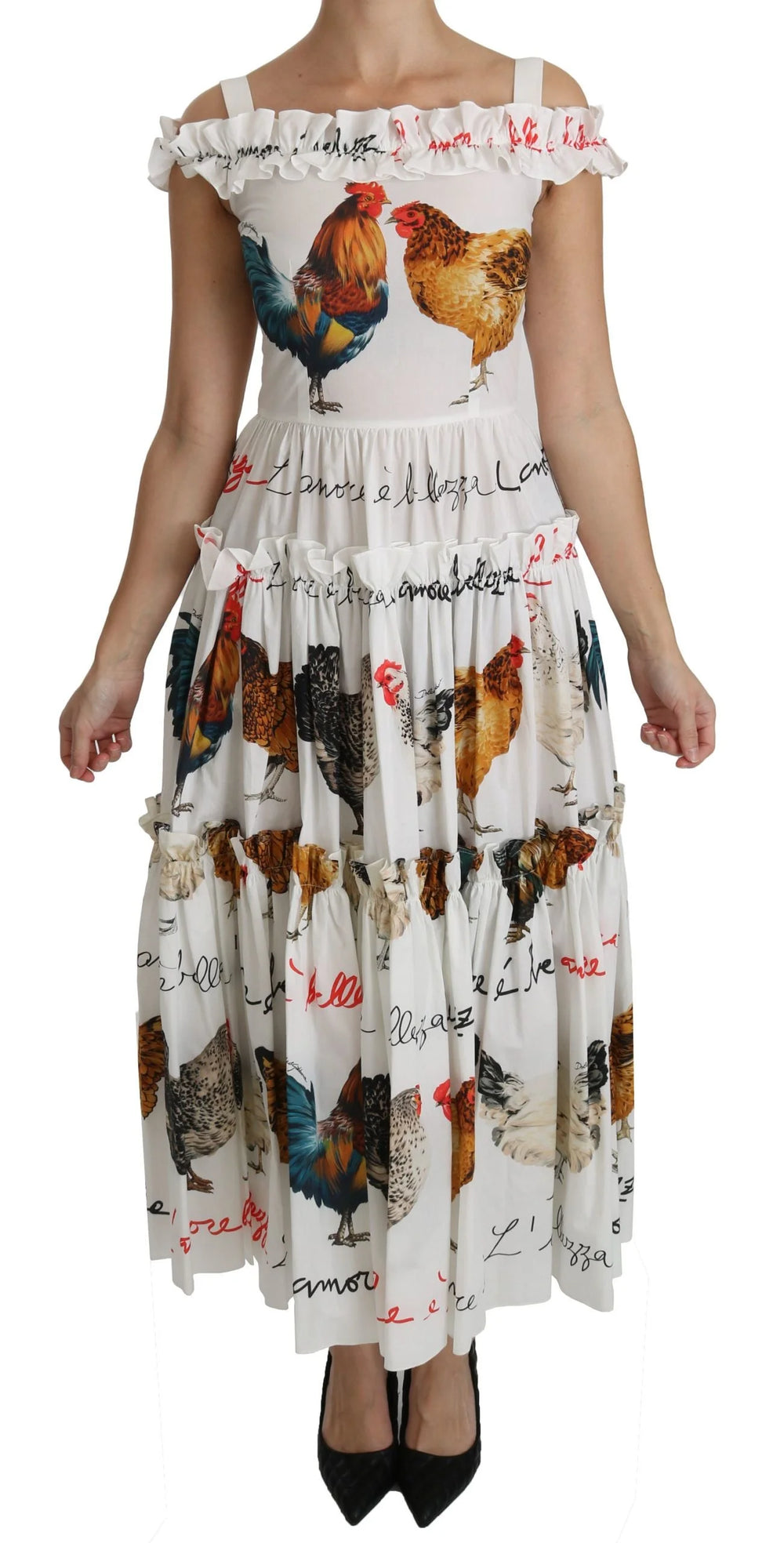 Dolce & Gabbana White Rooster Sheath Midi Cotton Dress - Dresses