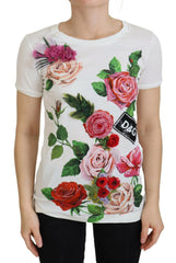 Dolce & Gabbana White Rose DGLogo Printed Short Sleeves Top - IT36|XXS - T-Shirts