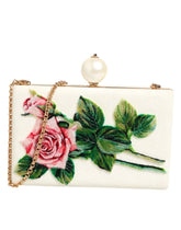 Dolce & Gabbana White Rose Embroidery Silk Gold Frame Clutch Purse Bag - Clutch Bags