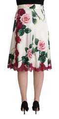 Dolce & Gabbana White Rose Print High Waist Midi A-line Skirt - Skirts