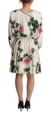 Dolce & Gabbana White Rose Print Long Sleeves A-line Dress - IT38|XS - Dresses