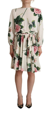 Dolce & Gabbana White Rose Print Long Sleeves A-line Dress - IT38|XS - Dresses