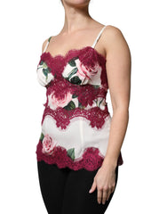 Dolce & Gabbana White Rose Print Satin Lace Tank Top Lingerie - Camisoles