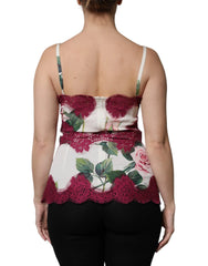 Dolce & Gabbana White Rose Print Satin Lace Tank Top Lingerie - Camisoles