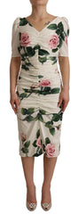 Dolce & Gabbana White Roses Print Stretch Silk Pleated Dress - Dresses