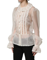 Dolce & Gabbana White Ruffled Sheer Silk Buttoned Blouse Top - IT38|XS