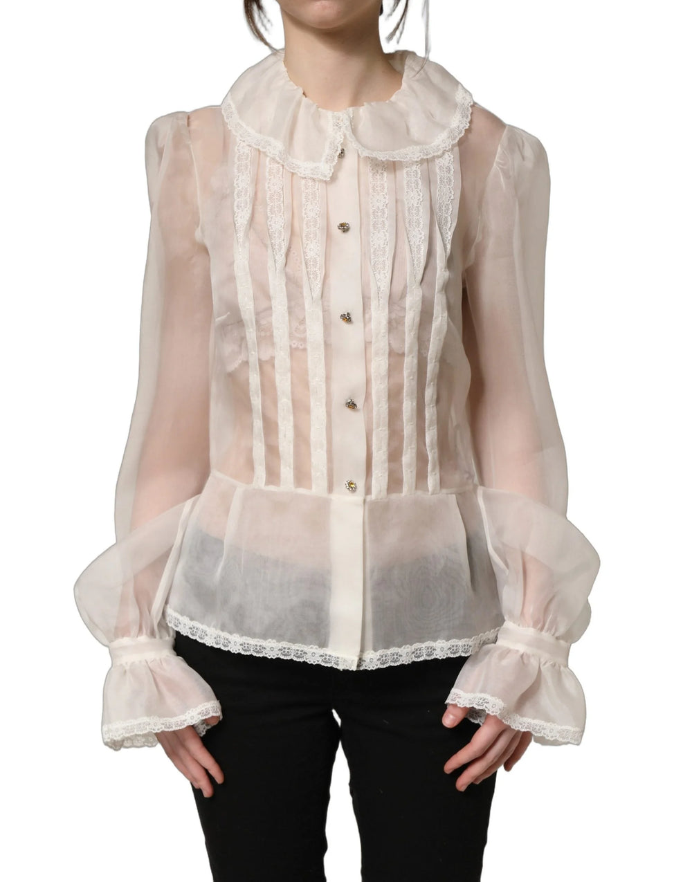 Dolce & Gabbana White Ruffled Sheer Silk Buttoned Blouse Top - IT38|XS