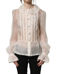 Dolce & Gabbana White Ruffled Sheer Silk Buttoned Blouse Top - IT38|XS
