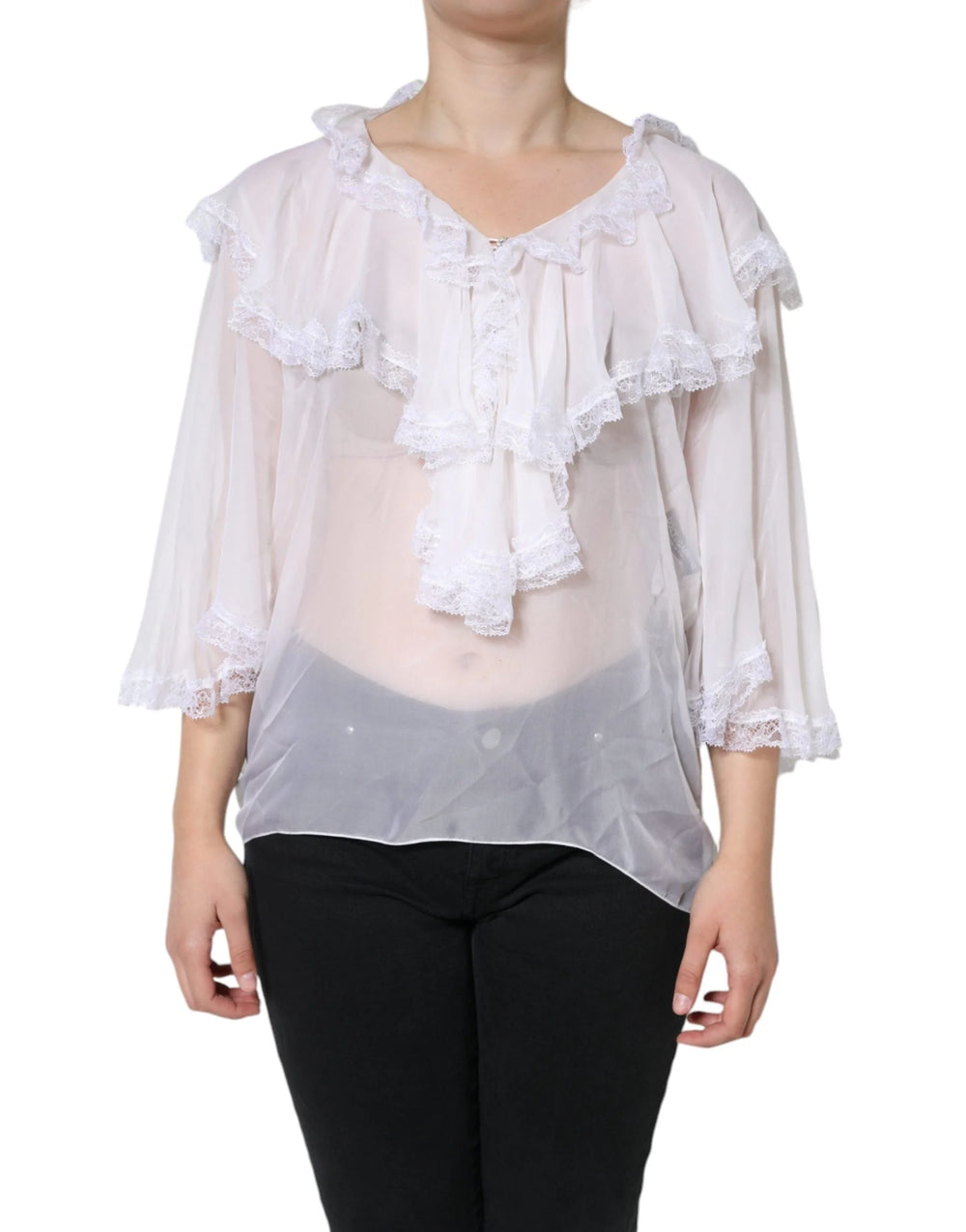 Dolce & Gabbana White Ruffles Lace Long Sleeve Blouse Top - IT44 | L - Blouses