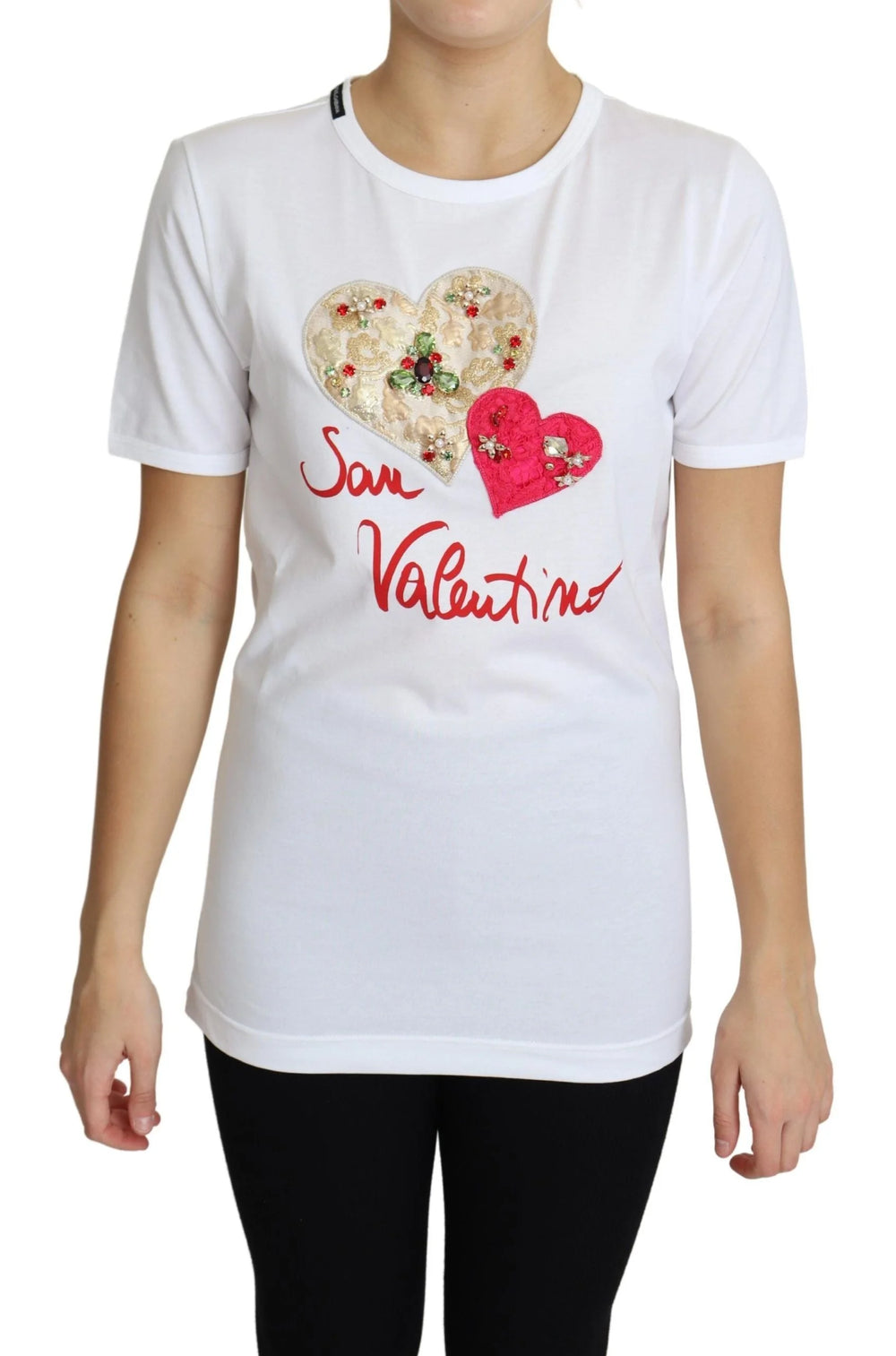 Dolce & Gabbana White San Valentino Heart Crystals T-shirt Top - IT36 | XS - T-Shirts