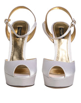 Dolce & Gabbana white silk-blend satin platform sandals with high block heel and adjustable ankle strap.