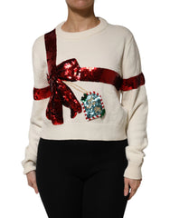 Dolce & Gabbana White Sequined Crew Neck Pullover Sweater - Sweaters