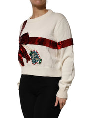 Dolce & Gabbana White Sequined Crew Neck Pullover Sweater - Sweaters