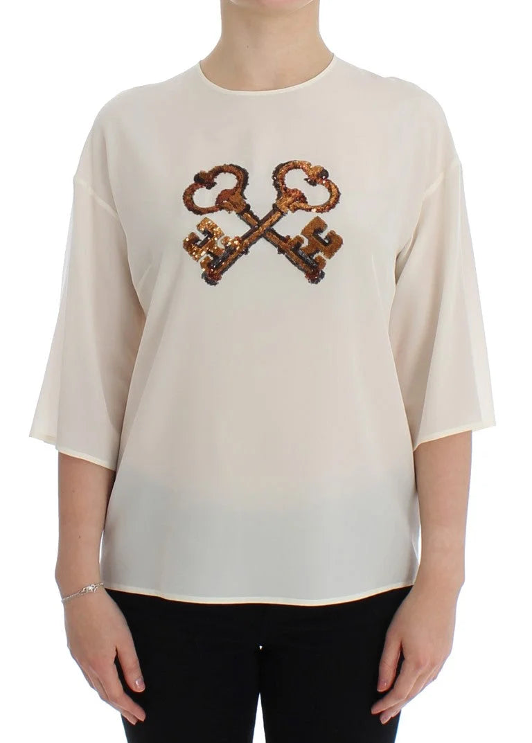 Dolce & Gabbana White Sequined Key Silk Blouse T-shirt Top - IT36 | XS - Blouses