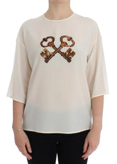 Dolce & Gabbana White Sequined Key Silk Blouse T-shirt Top - IT36 | XS - Blouses