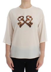 Dolce & Gabbana White Sequined Key Silk Blouse T-shirt Top - IT36 | XS - Blouses