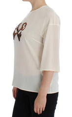 Dolce & Gabbana White Sequined Key Silk Blouse T-shirt Top - IT36 | XS - Blouses