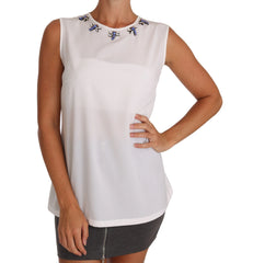 Dolce & Gabbana White Silk Crystal Embellished Fly T-shirt - IT40|S - Tank Tops