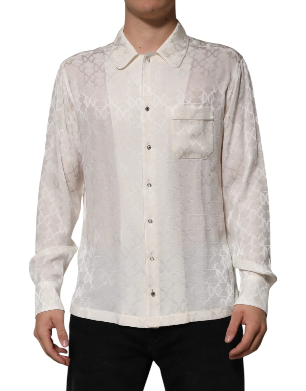 Dolce & Gabbana White Silk DG Logo Print Long Sleeves Shirt - Shirts