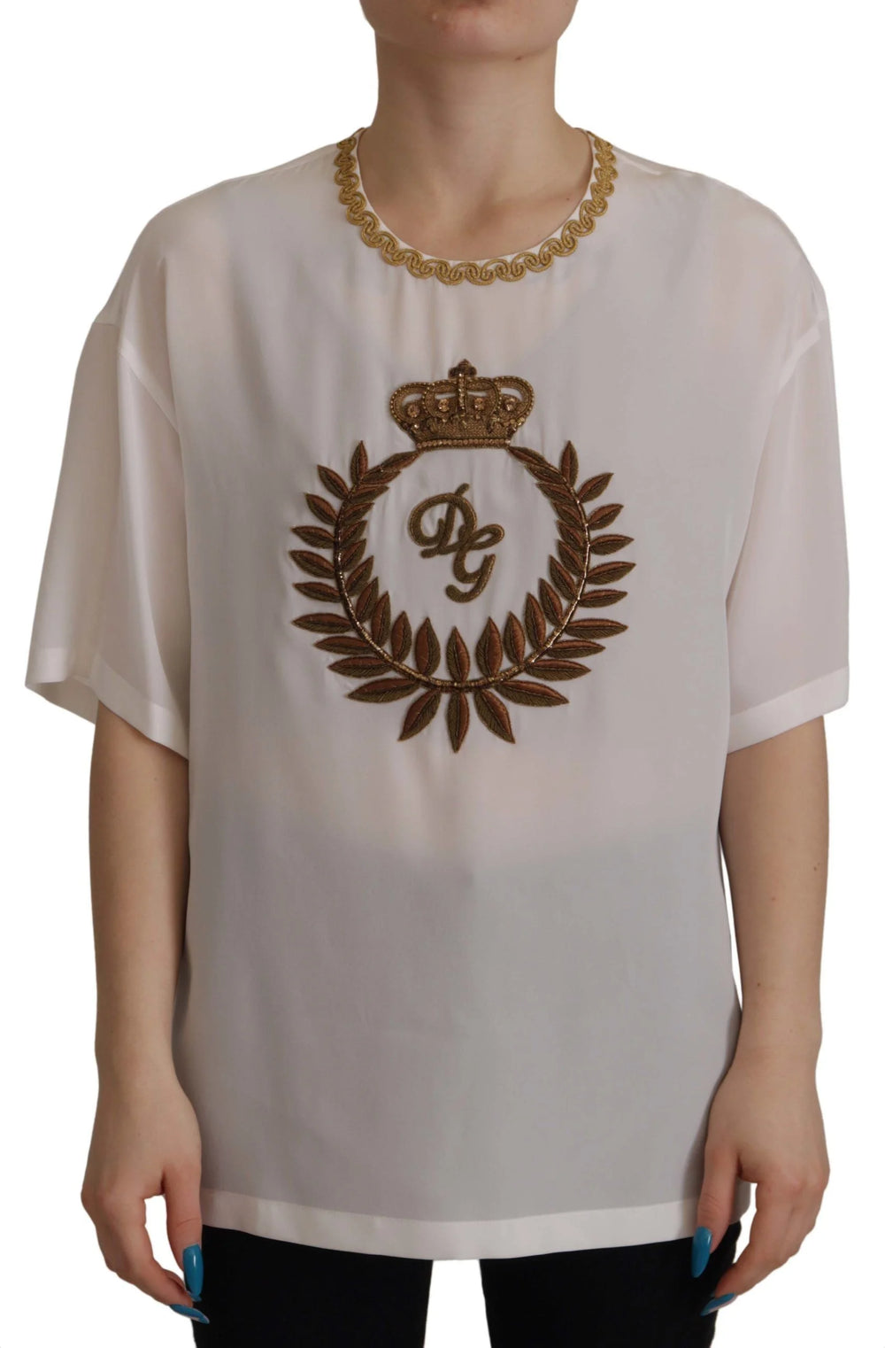 Dolce & Gabbana White Silk Gold DG Crown Crystal Blouse Top - T-Shirts