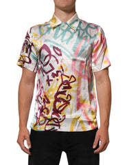 Dolce & Gabbana White Silk Hawaiian Graffiti Print Men Casual Shirt - Shirts