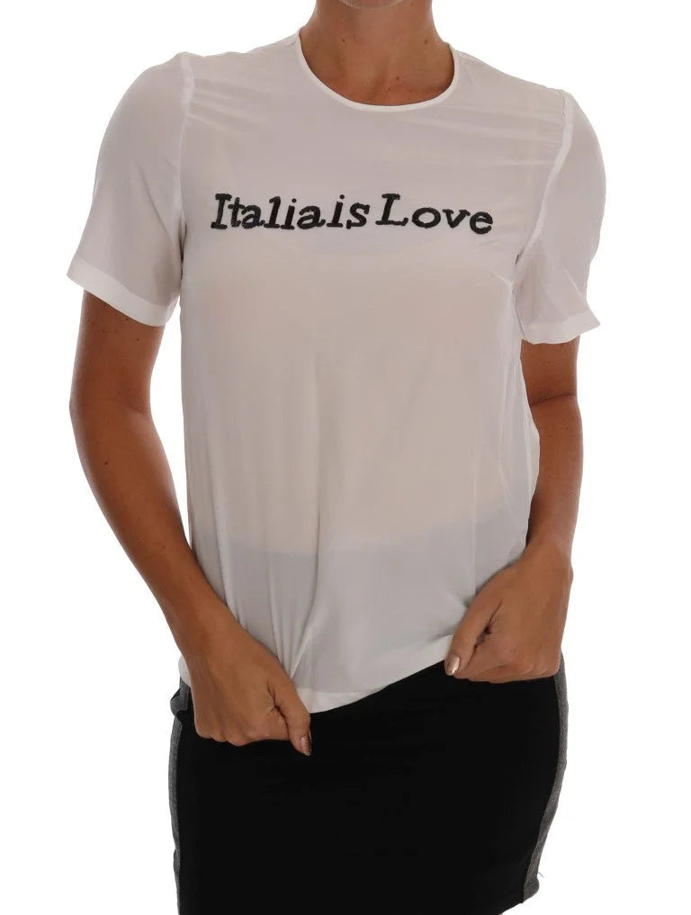 Dolce & Gabbana White Silk ITALIA IS LOVE Blouse T-shirt - IT36 | XS - Blouses
