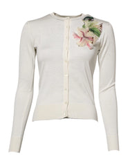 Dolce & Gabbana White Silk Lily Buttoned Cardigan Sweater - IT36|XXS - Cardigans